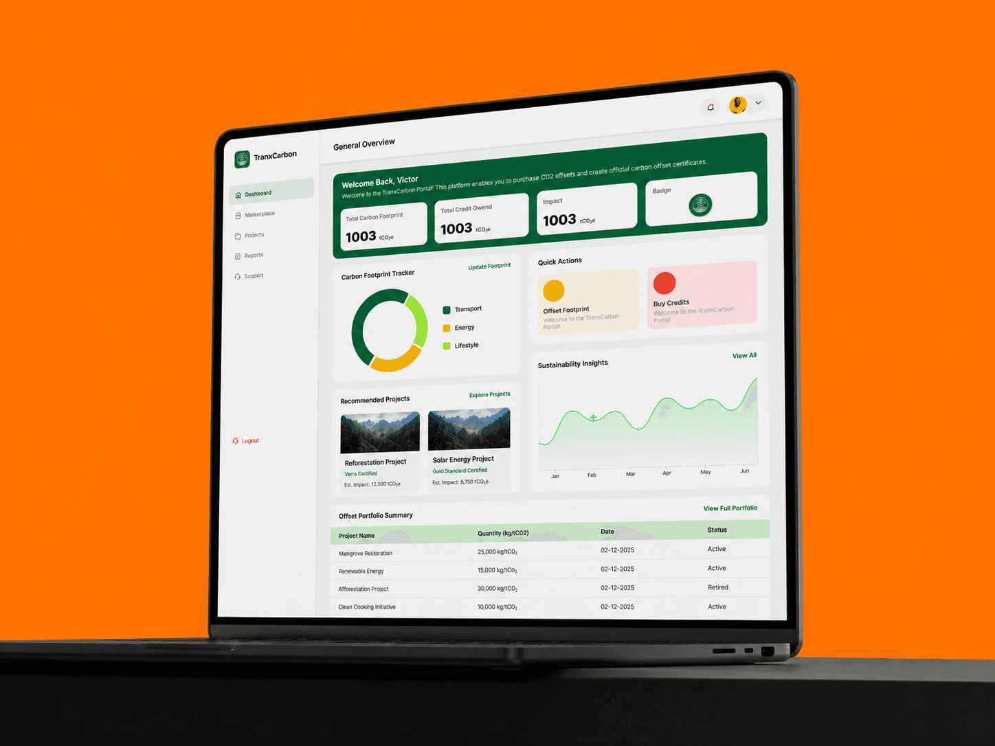 Tranxcarbon dashboard shown on a laptop